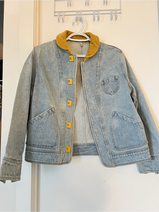 Jackets & Blazers - Woman Light Wash Denim Jacket with Mustard Corduroy Collar